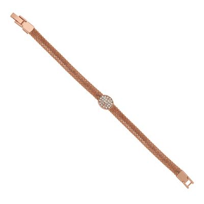 Crystal oval disc and rose gold mesh chain bracelet